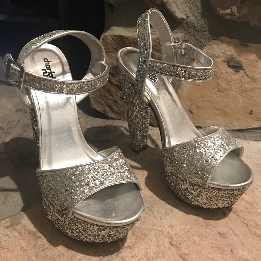Silver Sparkly Glitter Platform Chunky Heels Sz 7